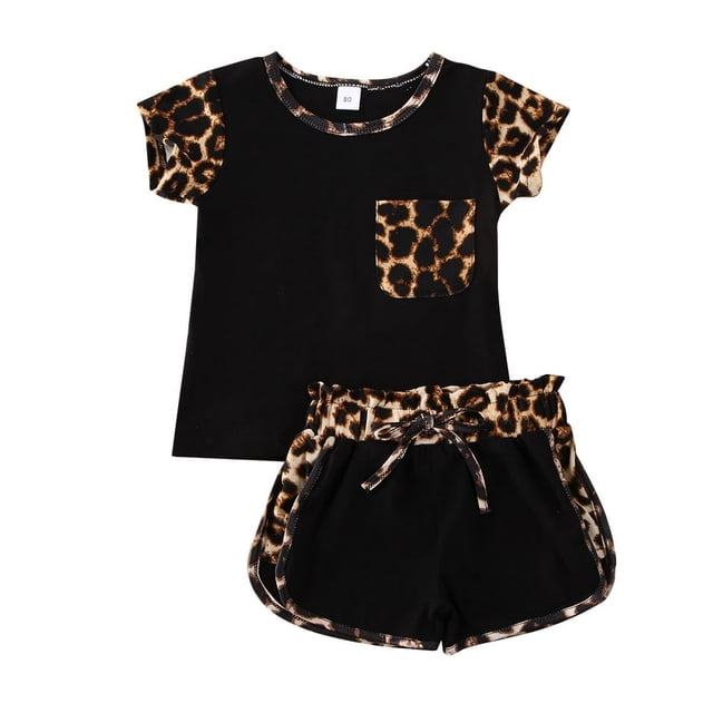 Baby Girls Leopard Print Clothes Set O-neck Tops with Pocket Drawstring Shorts