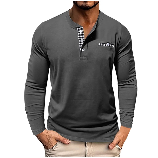 Ohufall Cotton T-Shirts for Mens Solid Color Plaid Front Pockets Henley Tops Breathable Plus Size Long Sleeve Tees, Size S-3XL