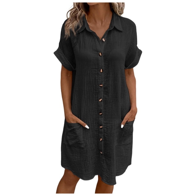Wijhcboe 2025 Robe Midi Décontractée Confortable pour Femmes, Nouvelle, Couleur Unie, Boutonnée, Longueur Mi-Mollet, devant à Boutons, Manches Courtes, Robe en Tricot Ample, Chemise-Robe Décontractée pour Femmes, Robes d'Été de Travail, Robes Mode pour