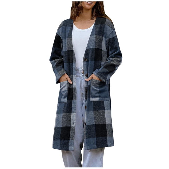 RXMEKW Plaid Wool Blend Coat With Button Front And Pockets for Women, Longline Cardigan Jacket, Brown