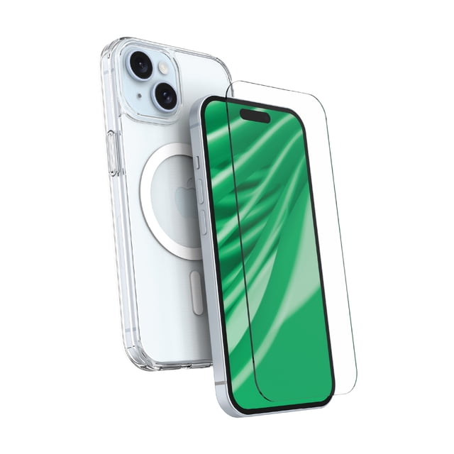 onn MagSafe Compatible Phone Case clear with glass screen protector on a white iPhone 16e, featuring a slim transparent case with visible MagSafe ring and a bubble-free, ultra-clear tempered glass screen protector aligned over the display for wireless charging and durable screen protection.