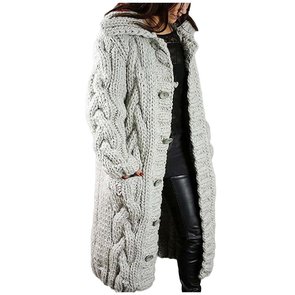 Women‘s Long Large Classic Cardigans Cable Knit Hood Sweater Oversized Button Duster Coat with Pocket 2024
