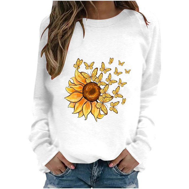 Rbaofujie Chandails d'Automne pour Femmes Femmes Mode Décontractée Imprimé Col Rond Ample Manches Longues T-shirt Hauts Blouse Blanc Chandails à Capuche pour Femmes