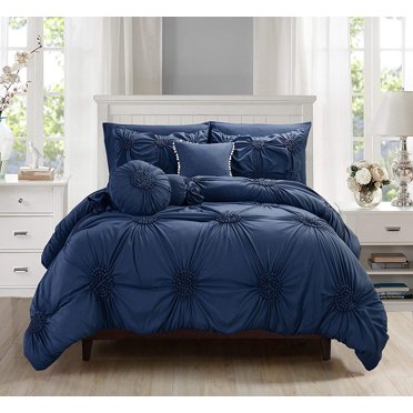 All Season 10-PIECE Bed in a Bag Sun Flower Collection Comforter Set Wrinkle Resistant Silky-Soft Includes Bed Sheet Set, King/CalKing , Navy Blue