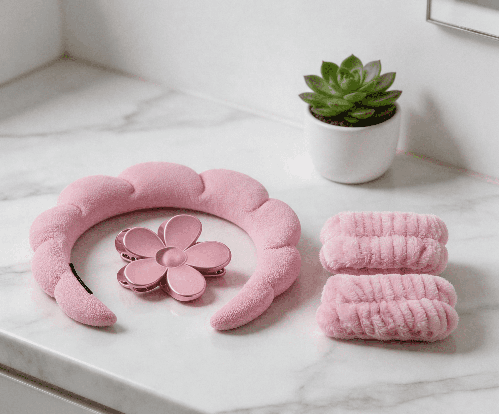 Sans Marque Ensemble bandeau et bracelets de spa professionnel pour adulte avec pinces à cheveux bandeau de maquillage gonflé pour femme, accessoires pour lavage du visage, masque facial et douche