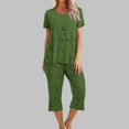 thumbnail image 1 of Économies d'Été Liquidation Iumwxz Pyjamas Décontractés Fluides Tenues Grande Taille Tenues d'Été Mode Graphique Col Rond Manches Courtes Taille Élastique Pantalons Raccourcis Ensembles Assortis pour Fête Dames, 1 of 6