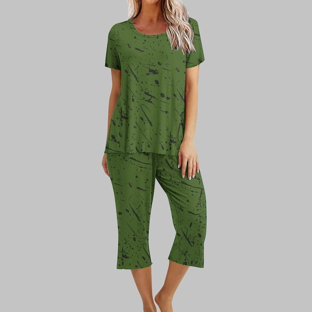 Économies d'Été Liquidation Iumwxz Pyjamas Décontractés Fluides Tenues Grande Taille Tenues d'Été Mode Graphique Col Rond Manches Courtes Taille Élastique Pantalons Raccourcis Ensembles Assortis pour Fête Dames