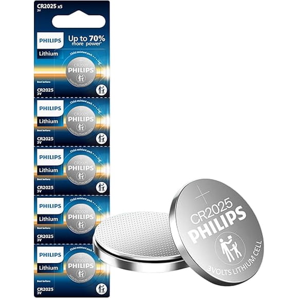 Philips CR2025 Battery 5 Pack | CR 2025 Batteries | Up to 70% More Power | 10 Year Shelf Life | CR 2025 3v Lithium Coin Battery | Best for Car Key Fob Remote, Medical Devices, Watches.