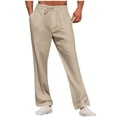 thumbnail image 1 of Khaki Man Hawaiian Ruched Paperbag Tropical Straight Leg Basic Long Leg Loose Fit Pants for Man Faux Linen Beach Lounge Stretchy Fall Summer Pants 2025 Clothing S, 1 of 7