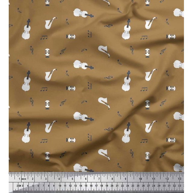 Soimoi Moss Georgette Fabric Notes,Guitar & Saxophones Musical Instrument Print Fabric by The Yard 42 Inch Wide