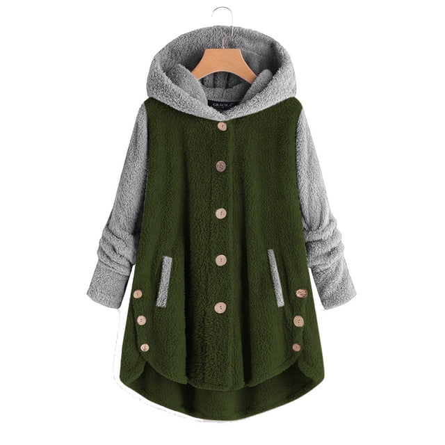 LSLJS Women's Winter Plush Solid Color Hooded Sweatshirts Button Long Sleeve Split Round Neck Comfortable Pajamas Coat