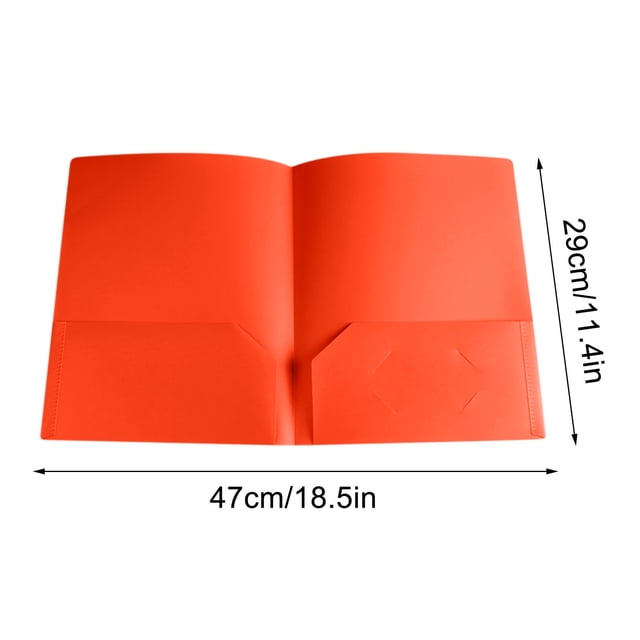 File folders letter size made of durable plastic with pockets, shown in a vibrant orange colour. The folder features two interior pockets for document storage, a slot for a business card, and is ideal for office supplies or school use. Dimensions are 29cm x 23.7cm when closed and 47cm x 29cm when unfolded.