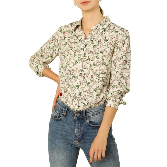 INSPIRE CHIC Women's Button Down Long Sleeve Ditsy Floral Shirt