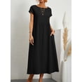 thumbnail image 1 of Lindbes Robe Maxi Élégante Unie pour Femmes Été à Manches Courtes Col Rond Vintage Harajuku Coton Lin Ample Robe d'Été Y2K avec Poches Longue Robe, 1 of 7