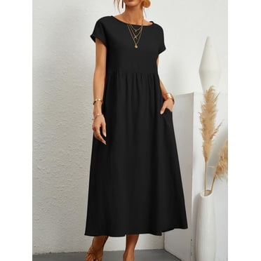 Lindbes Women Elegant Solid Maxi Dress Summer Short Sleeve O Neck Vintage Harajuku Cotton Linen Loose Sundress Y2K Pockets Long Dress