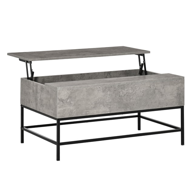 HOMCOM Lift Top Coffee Table with Hidden Storage Compartment in cement grey finish. This modern coffee table features a liftable tabletop revealing a spacious hidden storage compartment, supported by durable particle board and black steel legs. Ideal for living rooms or offices, it offers adjustable height for dining or working. Perfect as a coffee table with storage or modern furniture piece. Dimensions: 35.5 inches long, 23.75 inches wide, and adjustable height from 18 to 22.75 inches.