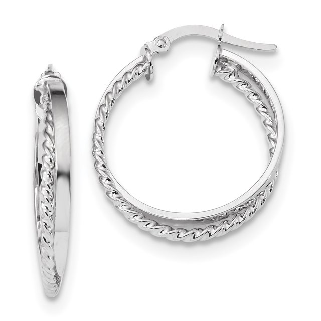 14K White Gold Polished & Textured Hinged Hoop Earrings