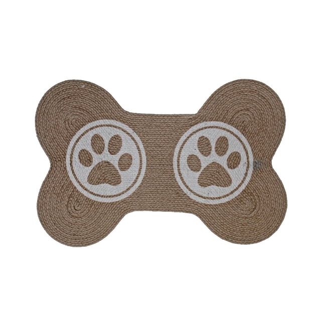 Braided Cotton Bone Shape Pet Mat in taupe featuring a double paw print design, made of cotton with a braided texture, measuring 15 by 23 inches, ideal for dog feeding areas and protecting floors from spills in living rooms.