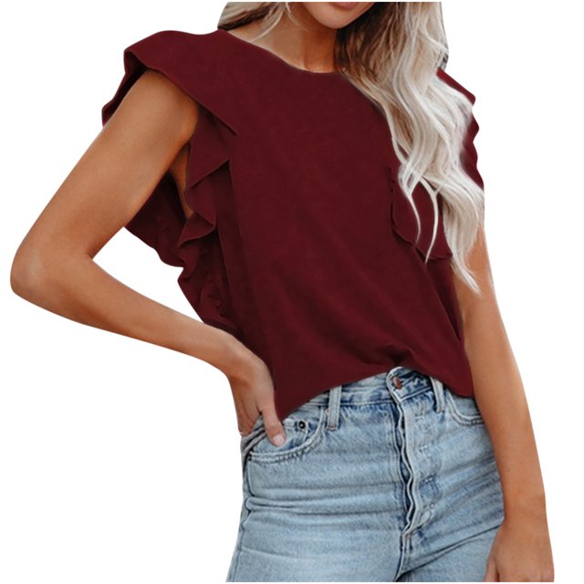 Pompotops Mode Femme Décontracté Col Rond Double Couche à Volants Poche Manches Courtes Chandail Haut T-Shirt Blouse