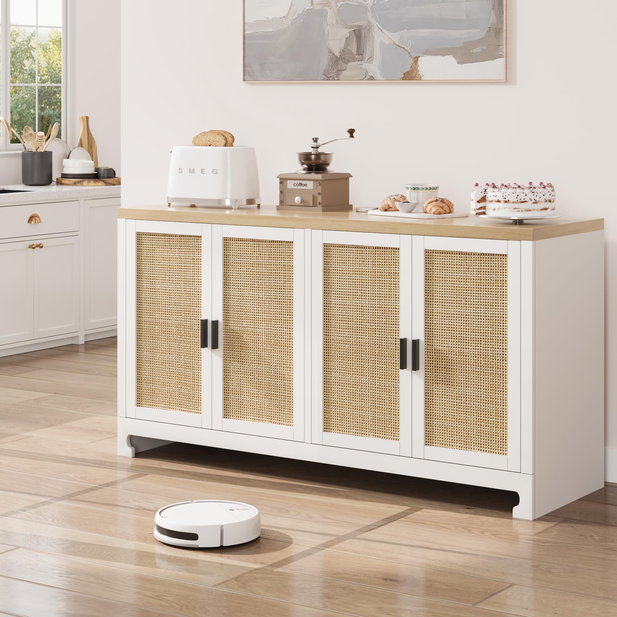BeesClover Buffet Cabinet,Rattan Accent Storage Cabinet with 4 Doors and Shelf, Sideboard Buffet Cabinet with Storage