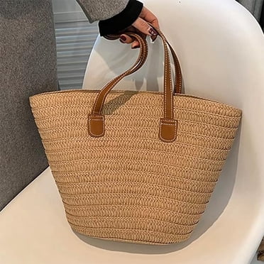 Aqestyerly Straw Beach Bag Woven Shoulder Tote Bag Summer Purse for Women Vacation Travel Handbag Casual Khaki Bag HWRETIE