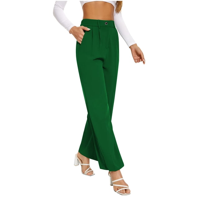Timegard Womens Formal Pants Elastic High Waist Straight Leg Solid Color Office Work Lounge Pants Pockets