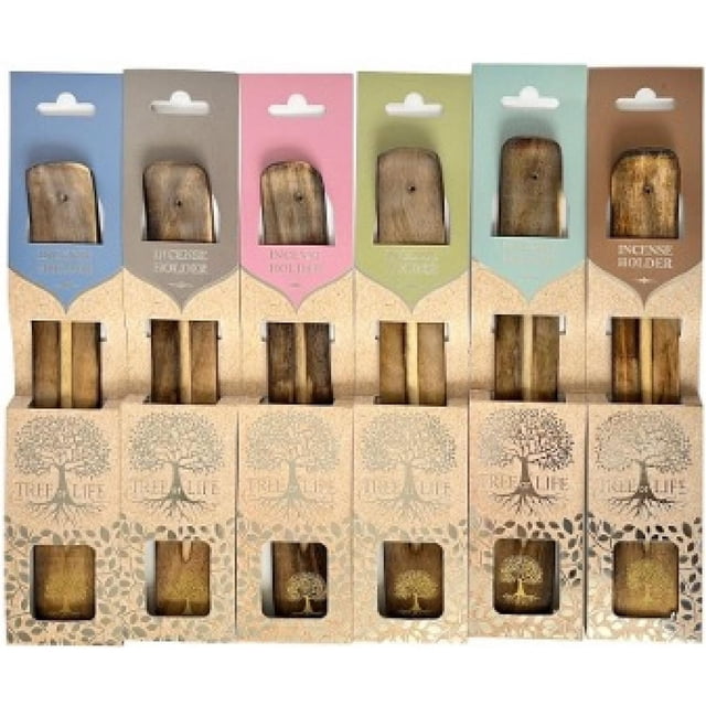 Tree Of Life 10Ml Oil Burner Set in six assorted packages with pastel-colored tops including blue, gray, pink, green, light blue, and brown. Each package contains a wooden oil burner and two wooden incense holders, featuring a tree of life design on beige packaging. Ideal for aromatherapy and essential oil diffusion to enhance relaxation.