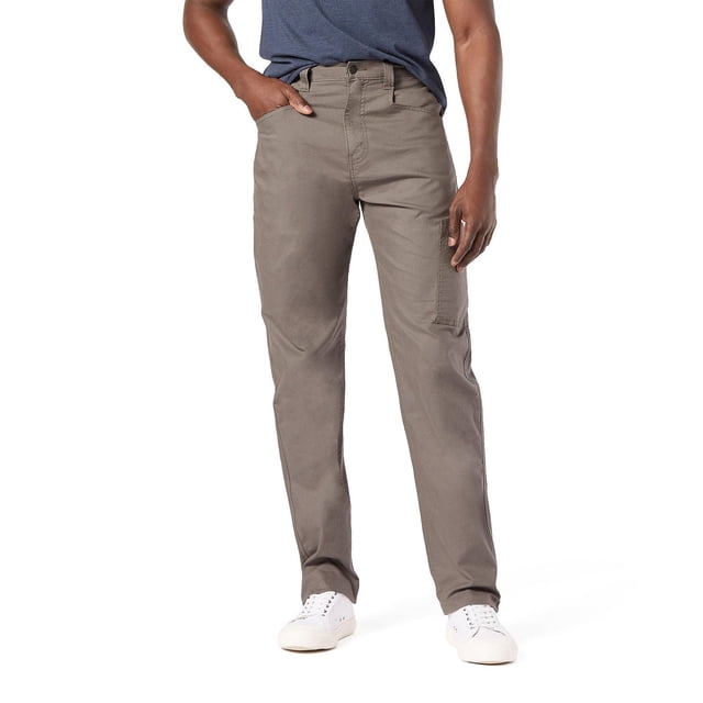 Levi Strauss Signature Men's Comfort Utility Pants in grey with low rise and straight leg, shown on a male model wearing white sneakers and a blue shirt, made from breathable stretch canvas with zip fly and multiple utility pockets including a thigh cargo pocket, ideal for work or casual use.