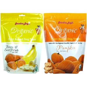 Grandma Lucy's Organic Oven Baked Dog Treats 2 Flavor Variety Bundle: (1) Pumpkin Recipe and (1) Banana and Sweet Potato Recipe (2 Bags Total, 14 Ounces Each)
