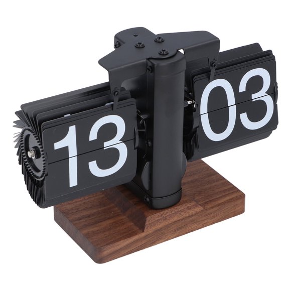 Flip Desk Clock, 24 Hours Large Numbers Auto Flip Clock with Wood Base, Battery Powered Retro Mechanical Flip Down Clock for Home Room Office School Hotel Decoration