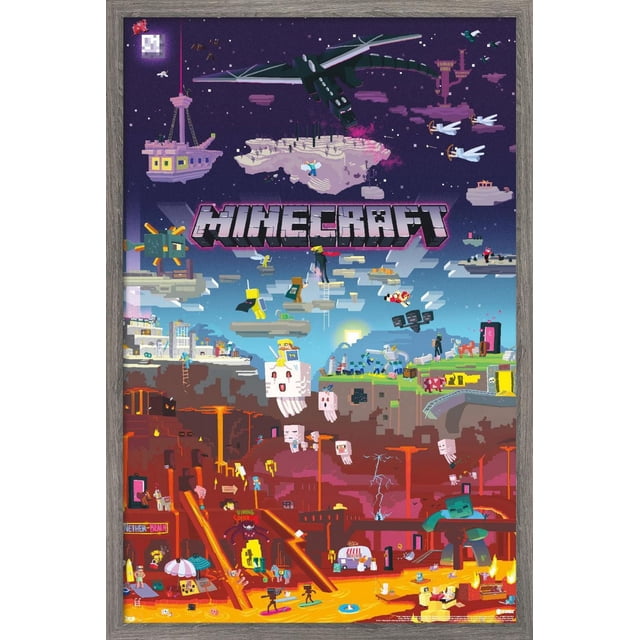 Minecraft - World Beyond Wall Poster, 22.375" x 34", glossy wall art featuring pixelated Minecraft characters and mobs in a layered fantasy scene with floating islands, a large black dragon, flying creatures, and a lava-filled Nether environment, framed in wood, suitable for bedrooms, offices, or gaming rooms.