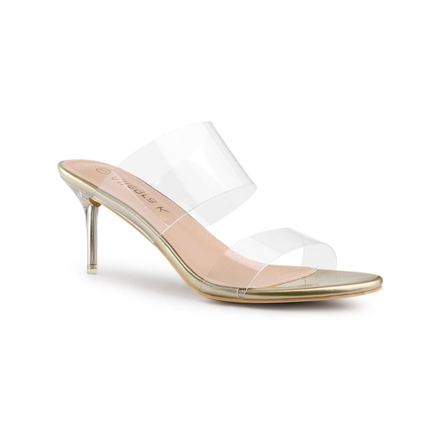 BLISSFUL STEP Women's Clear Slide Stiletto Heels Open Toe Slip On Sandals Gold 8