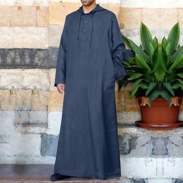 Virmaxy Robe Décontractée Vintage pour Homme en Coton et Lin, Kaftan à Boutons à Manches Longues avec Capuche, Robe Islamique Mode pour la Maison, Robe Bleu Marine jusqu'à XXXXXL