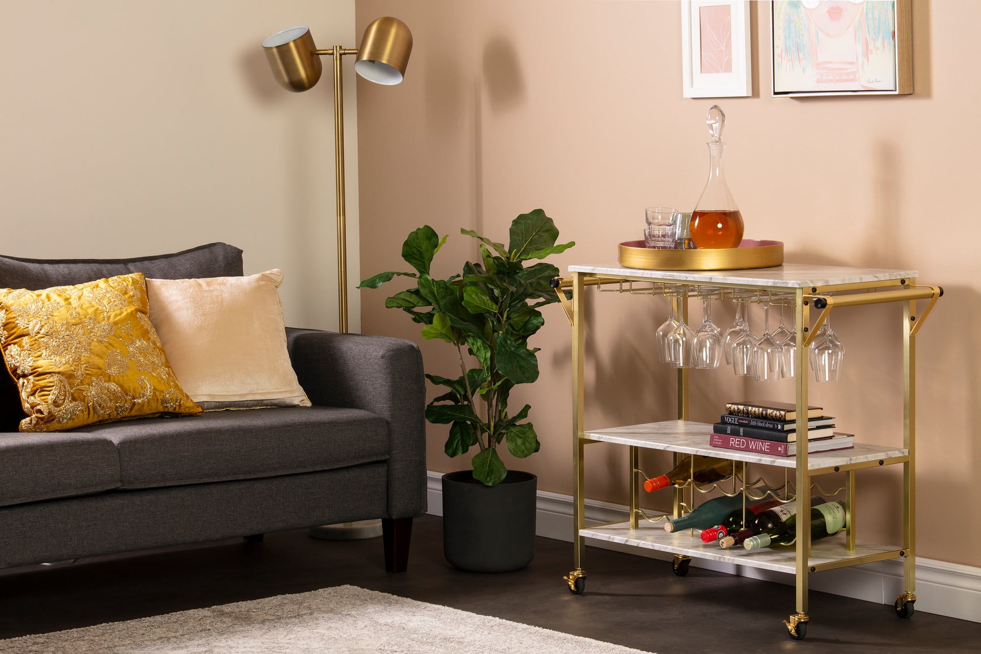South Shore Maliza Bar Cart, in Faux Carrara Marble and Gold