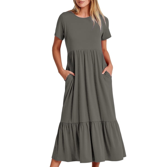 Robe d'Été pour Femmes 2024 Mode Grande Taille Décontractée à Manches Courtes Col Ras du Cou Robe Décontractée Fluide à Volants Maxi Robe de Plage avec Poches Rabais de 50 % Liquidation!
