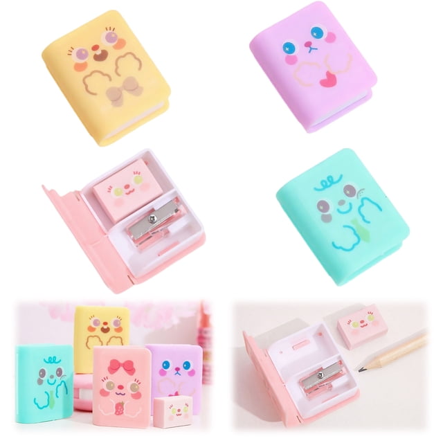 &Craft&Stationery Cute Cartoon Book and Pencil Sharpener with Eraser Stationery Supplies for School Students - Practical Desk Accessory for Learning