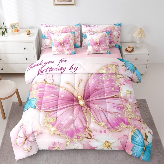 Erosebridal Literie Papillons Roses de Rêve Format Grand, Accessoires de Literie Floraux Chics, Réversible 7 Pcs