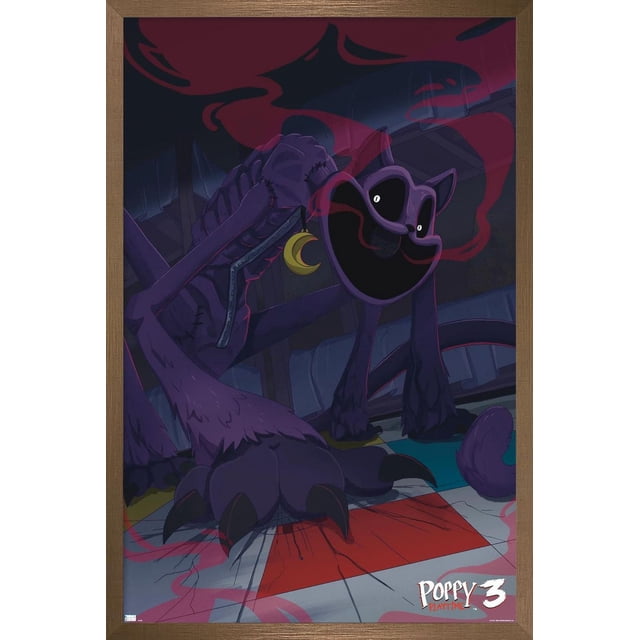 Poppy Playtime: Chapter 3 - CatNap Wall Poster, 22.375" x 34", depicts a dark purple skeletal cat with large claws and a crescent moon earring, set on a multicolored tiled floor in a dim industrial space with red smoke accents, suitable for bold room decor in bedrooms or offices.
