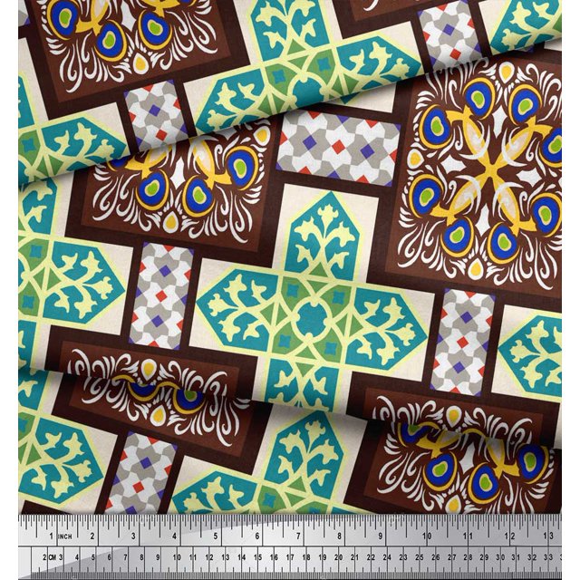 Soimoi Rayon Crepe Fabric Tiles Moroccan Print Fabric by Yard 46 Inch Wide