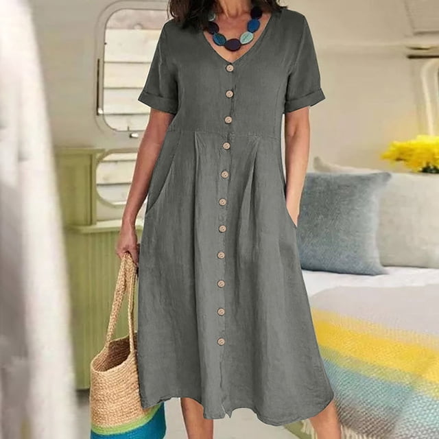 FcBaudy Robe à Manches Courtes à Col en V, Robes d'Été pour Femmes, Robes pour Femmes Mode Femmes Été Décontracté Col en V Uni Manches Courtes Bouton Poche Robe en Coton et Lin Jupe en Coton et Lin pour Femmes