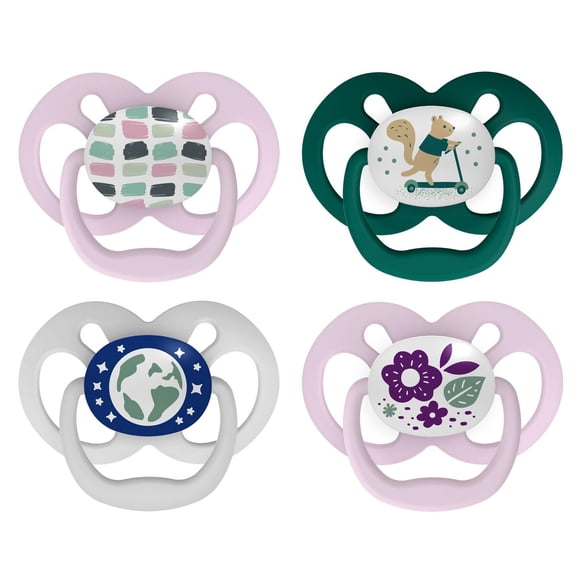 Dr. Brown's Advantage 100% Silicone, Glow in the Dark Pacifier Scooter Squirrel and Flowers, Purple, 6-18M, 4 pack