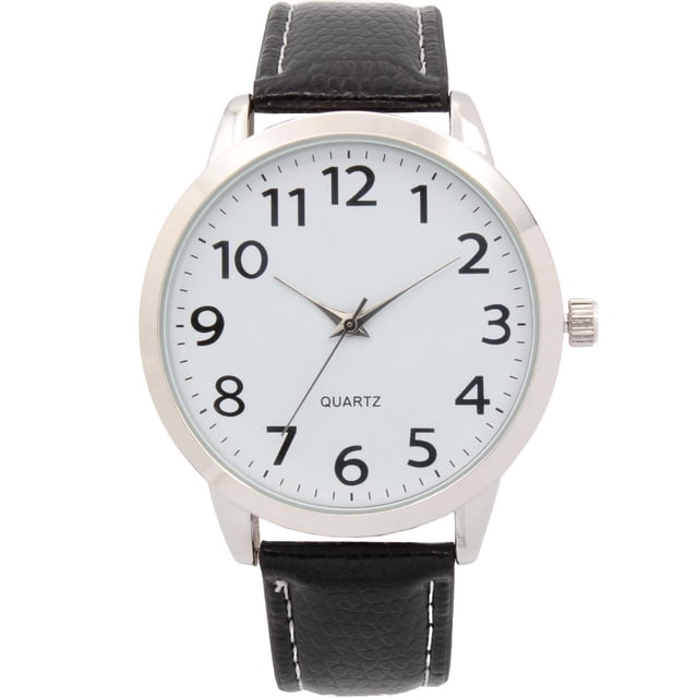 George Men's Analog Watch with a centered front-facing view showing a white dial with black Arabic numerals and black hands inside a silver metal case with stainless steel back. It features a black PU leather strap with white stitching and quartz movement, suitable for classic men's wristwear.