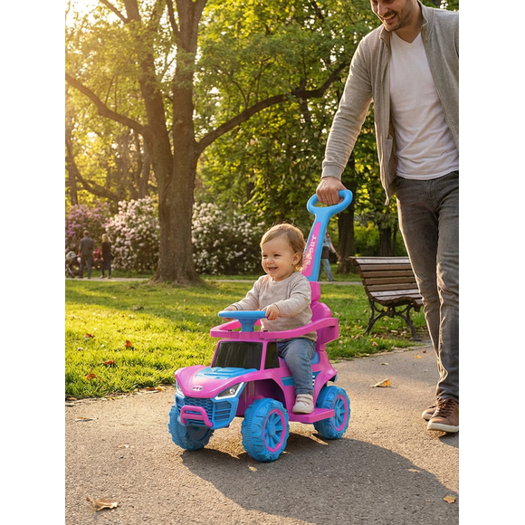 RoverKid Voiture Sportive 2-en-1 pour Tout-Petit à Chevaucher et à Pousser (2 Ans et +) - Rose et Bleu, Siège en Cuir, Musique, Poignée de Poussée pour Parent, Jouet à Chevaucher pour Enfants