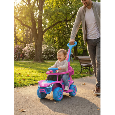 RoverKid 2-in-1 Toddler Sport Ride On & Push Car (Ages 2+) — Pink & Blue, Leather Seat, Music, Parent Push Handle, Kids Ride-On Toy