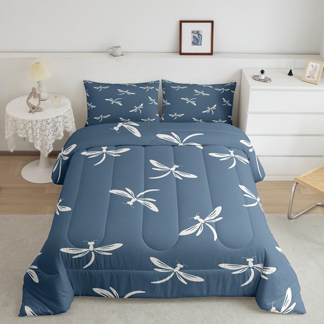 YST Dragonfly Down Comforter King Size 3Pcs,White Blue Dragonflies Comforter Set,Hand Drawn Sketch Style Bedding Set,Spring Rustic Flying Animal Quilt Set 1 Comforter with 2 Pillow Cases