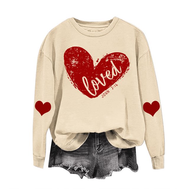 RKSTN Chandail pour Femmes 2024 Saint-Valentin Cœur d'Amour Imprimé Chandail Uni Col Rond Manches Longues Coupe Ample Blouse Hauts
