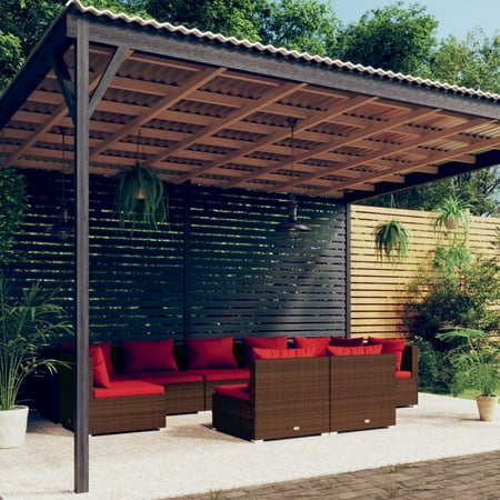 vidaXL Ensemble Salon de Patio 9 Pcs avec Coussins Rotin Poly Brun