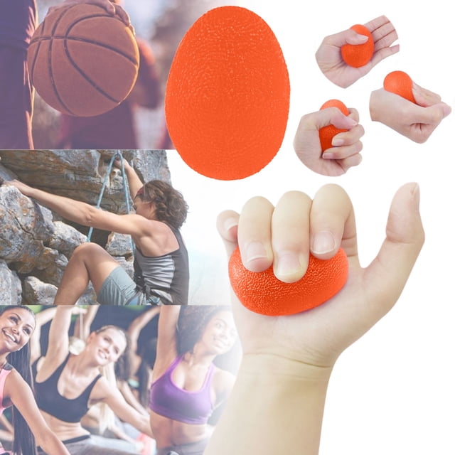 Jubipavy Grip Training Finger Strength Exerciser Silicone High Elastic Egg in orange, designed for hand and finger strength training and stress relief. Made of TPR thermoplastic rubber, this compact egg-shaped tool measures 5.5x4.5x4.5cm (2.2x1.8x1.8in) and weighs 46g (0.1lb). Suitable for adults and children, it is washable and safe for daily use. The image shows the orange exerciser being squeezed in various hand positions, with additional lifestyle scenes of activities like climbing and yoga in the background.