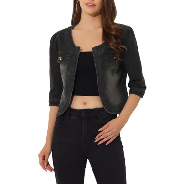 INSPIRE CHIC Vestes en Jean en Denim Raccourcies Sans Col à Manches 3/4 pour Femmes Noir G