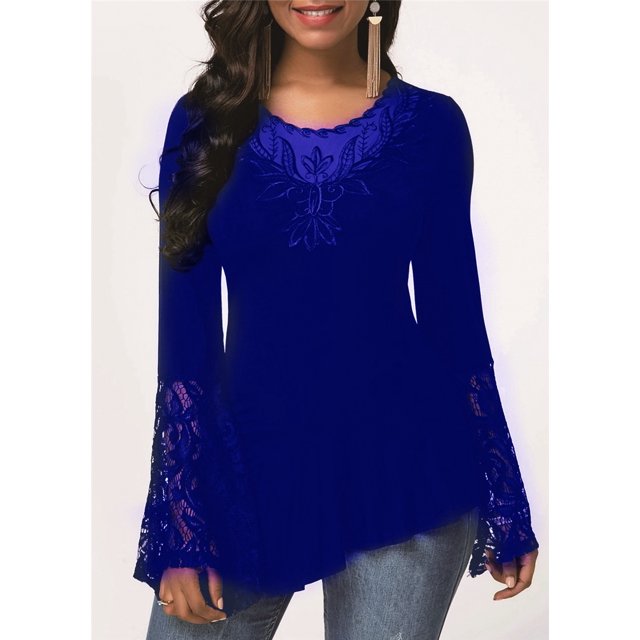 Women's Long-Sleeved Lace Stitching Shirts Round Neck Irregular Blouses Tops